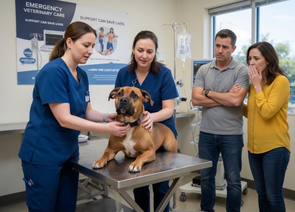 A dog on an exam table with veterinary staff examining it while concerned pet owners look on in a bright clinic