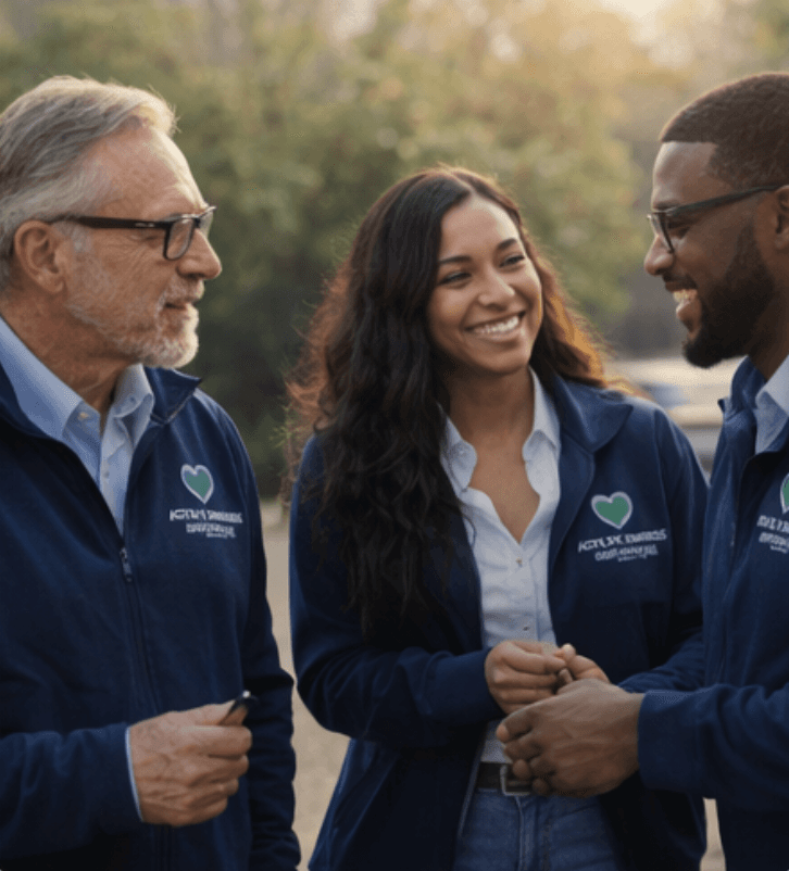 Volunteers and partners working together in community — inclusive collaboration and neighbor support.