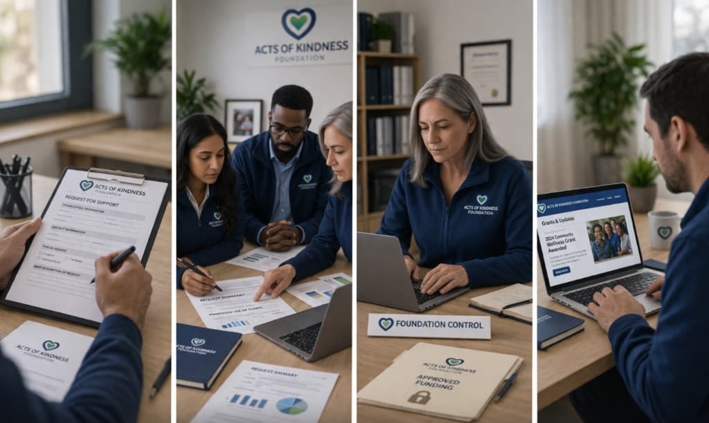 Four-part visual: support request intake, team review of request data, Foundation control and approved funding, and public grants and updates on the Foundation website.