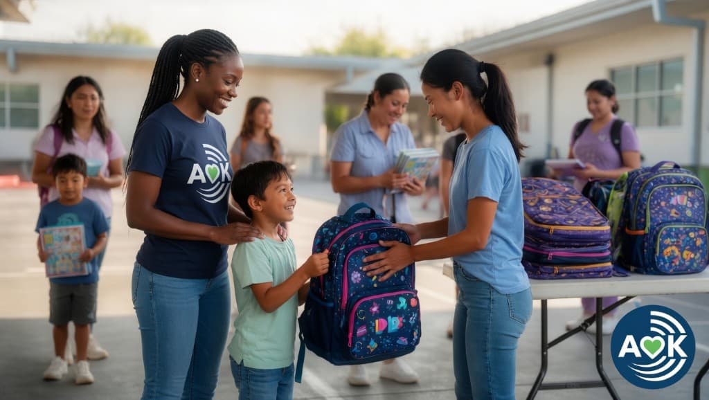 AOK volunteers hand a new backpack to a smiling student at an outdoor back-to-school supply event, with families and supplies in the background.
