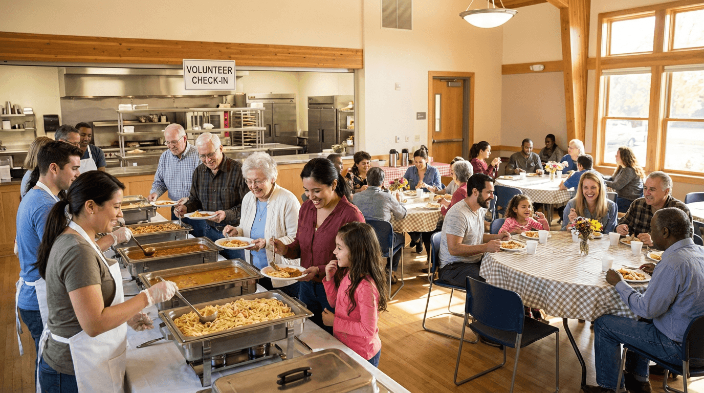 Volunteers and community members sharing a meal in a food security program.