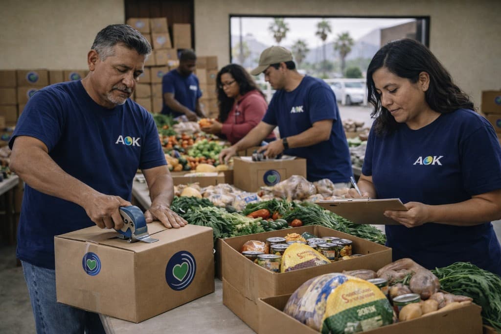 Volunteers organizing food supplies at a community pantry distribution event