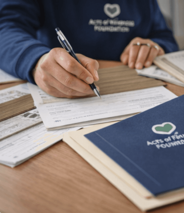 Foundation representative completing structured intake paperwork at a desk with Acts of Kindness Foundation branded materials