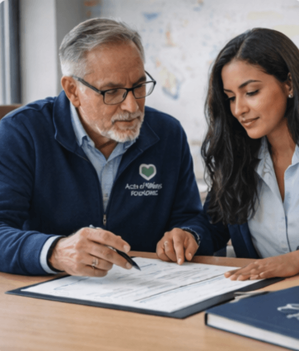 Two colleagues reviewing documents together in a professional setting; Acts of Kindness Foundation logo on apparel
