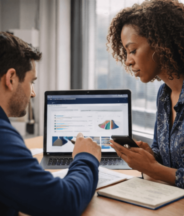 Team members reviewing data and metrics on a laptop in a modern office