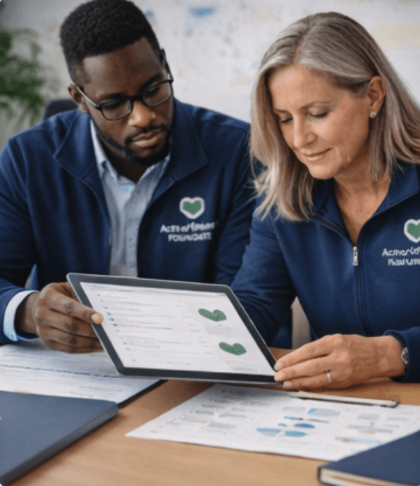 Foundation staff reviewing content on a tablet with Acts of Kindness Foundation branding; charts on the desk