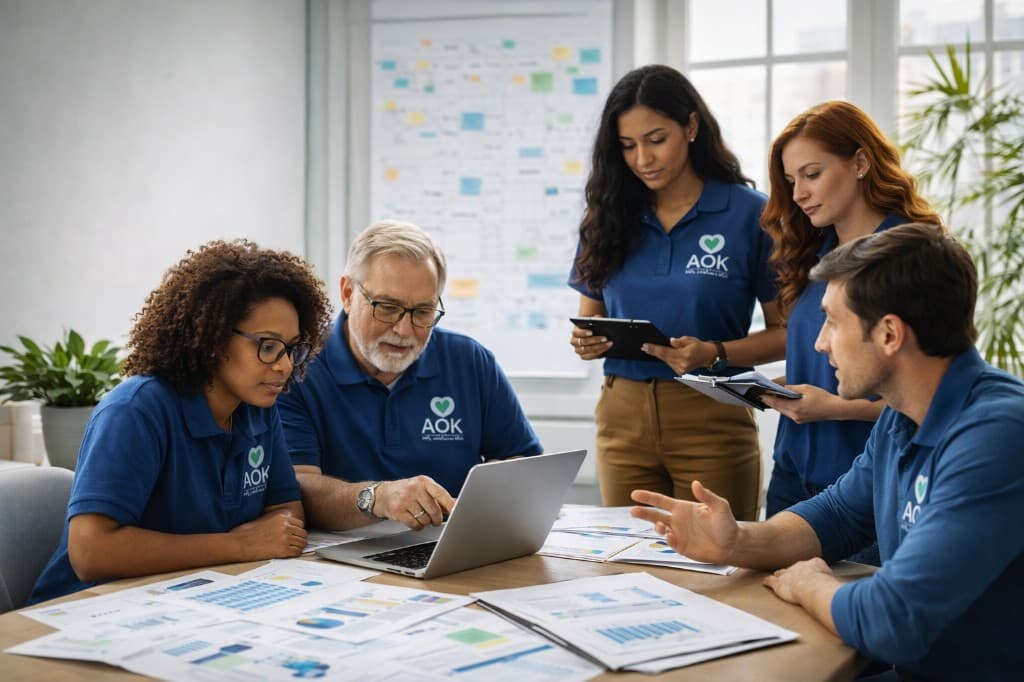 Foundation team in matching AOK shirts reviewing data and reports together at a conference table—collaboration, stewardship, and transparency.